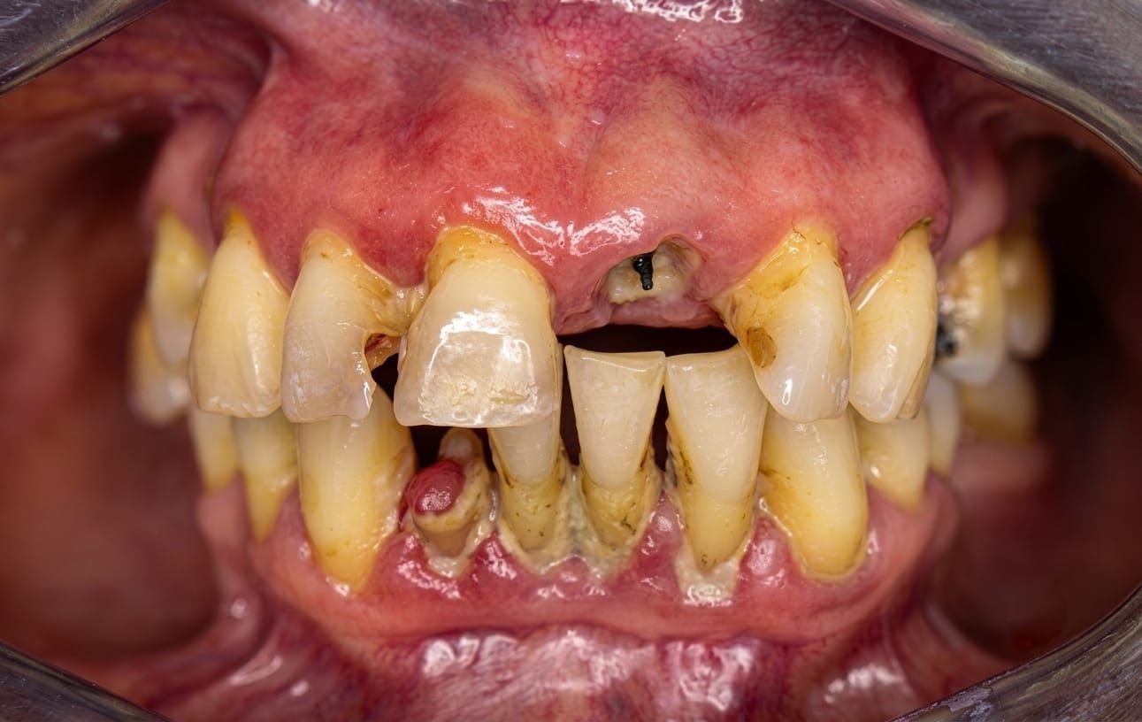Boca con enfermedad periodontal avanzada antes del tratamiento: encías inflamadas, sarro abundante y dientes con movilidad