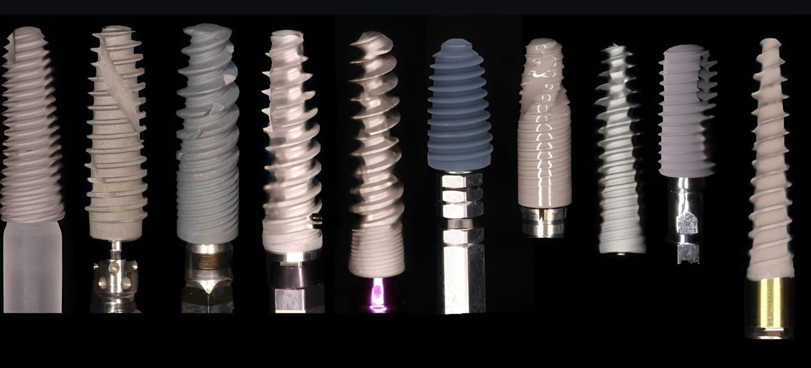 Diez sistemas de implantes dentales de distintas marcas, diámetros y diseños de rosca